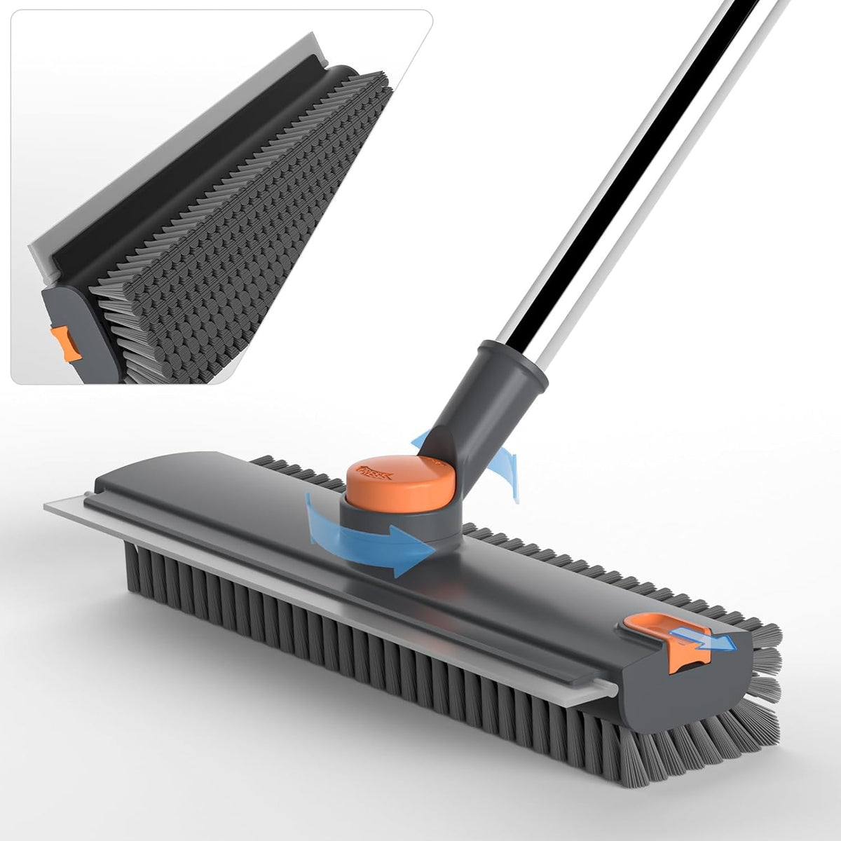 3-in-1 Floor Scrub Brush with Squeegee & Debris Grabber – Adjustable 16–52" Long Handle, Heavy-Duty Stiff Bristle Floor Cleaner for Bathroom, Shower, Patio & Garage