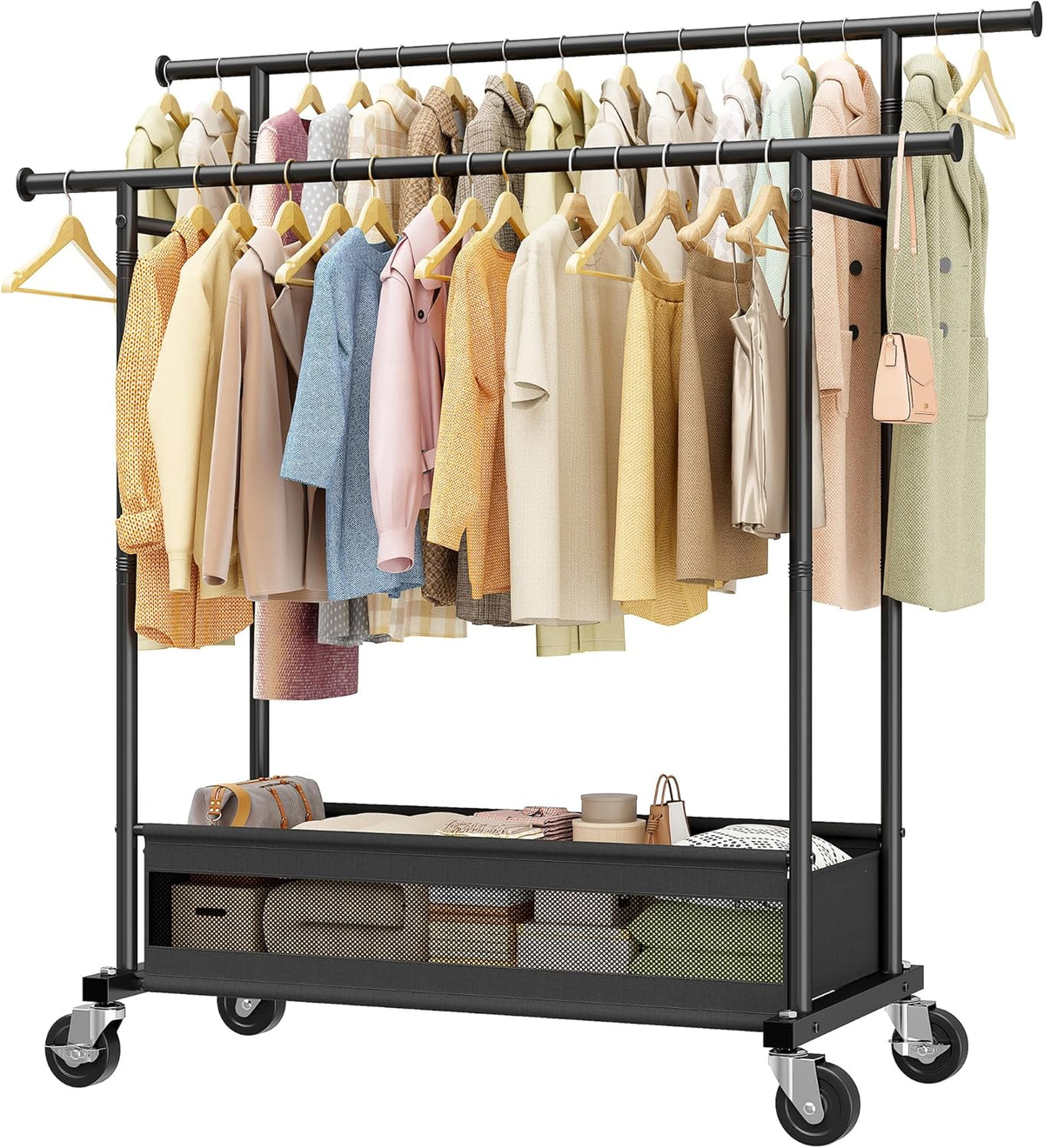 Double Rod Clothes Rack with Storage Basket – 210 LB Heavy Duty Rolling Garment Rack with 360° Wheels for Bedroom, Closet, Laundry Room & Dorm