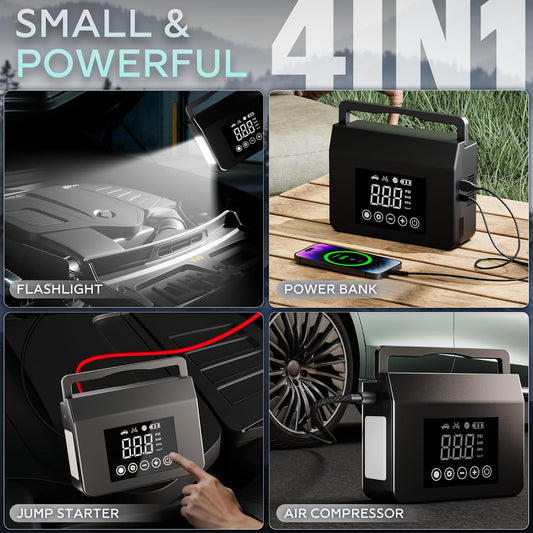 4000A Portable Car Jump Starter with Air Compressor – 150PSI Tire Inflator, 15000mAh Power Bank, 12V Battery Booster with LED Flashlight & USB-C