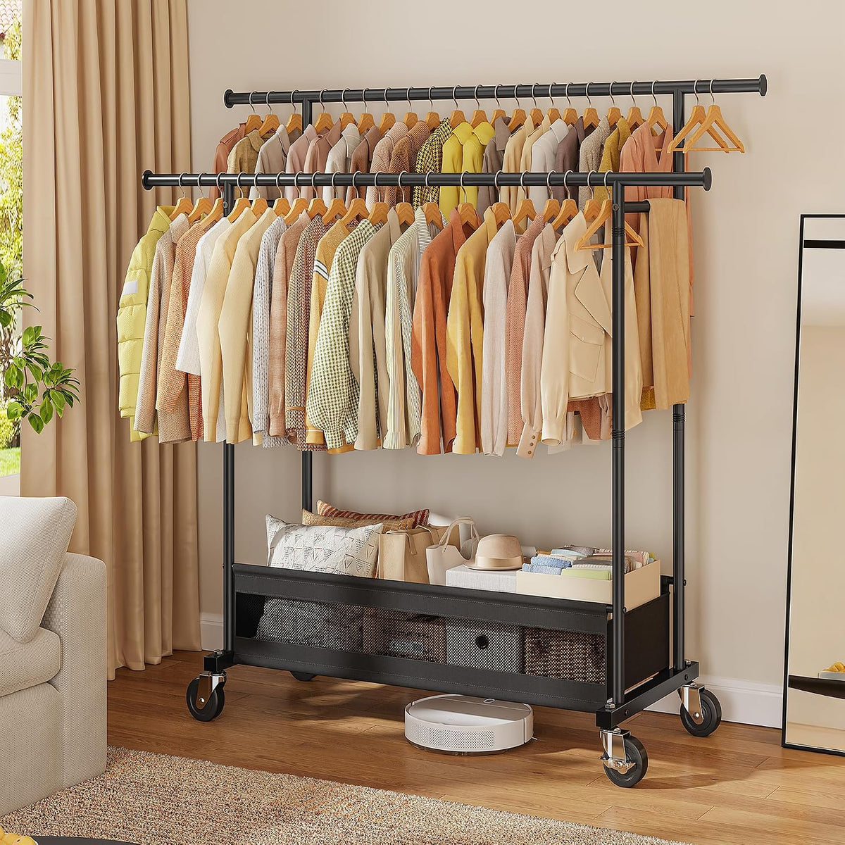 Double Rod Clothes Rack with Storage Basket – 210 LB Heavy Duty Rolling Garment Rack with 360° Wheels for Bedroom, Closet, Laundry Room & Dorm