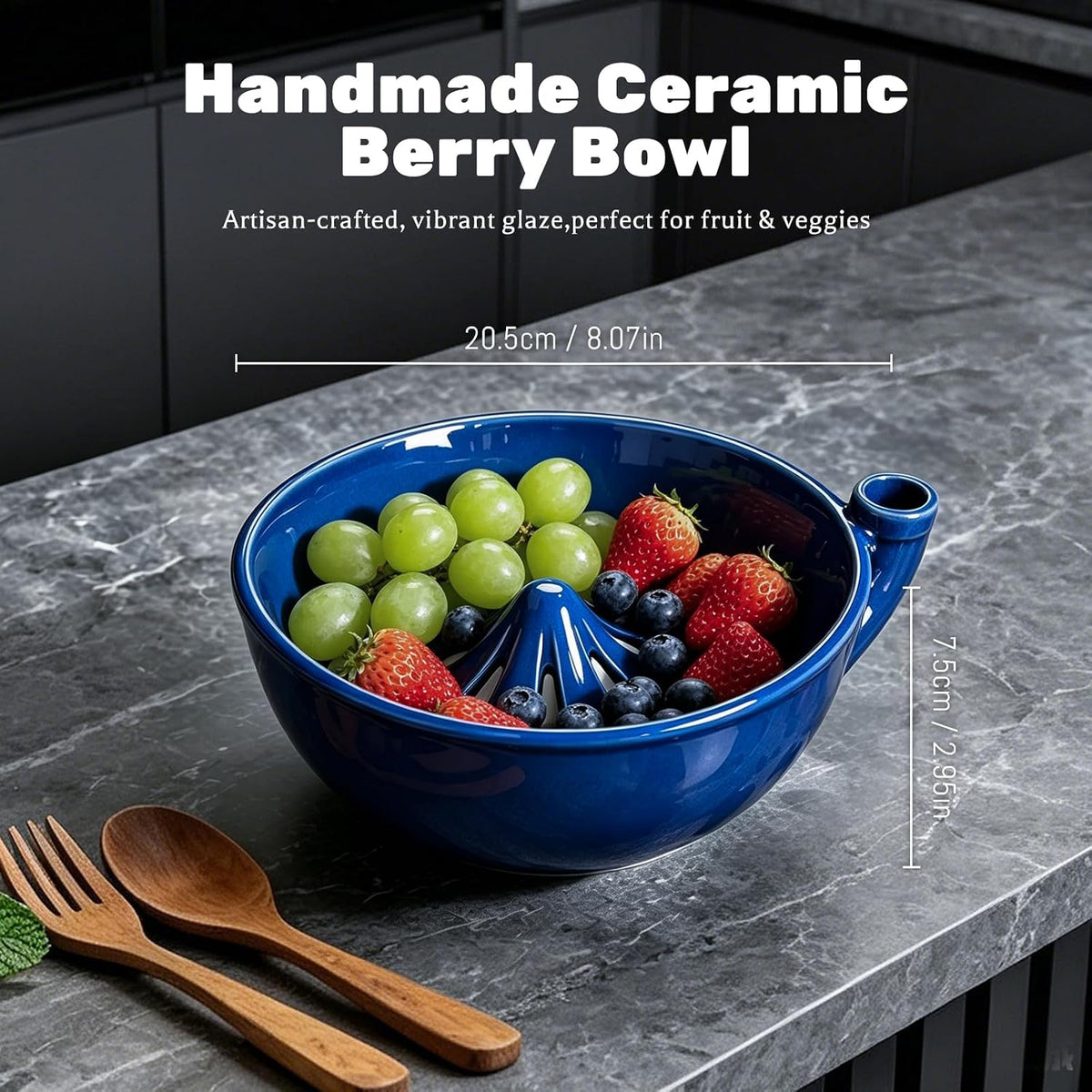 Ceramic Berry Washing Bowl Self-Rinsing Fruit Colander with Auto-Spin Swirl Drainage