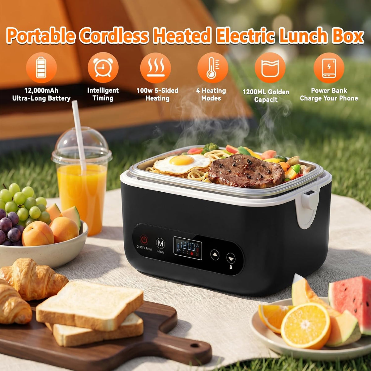 Cordless Heated Lunch Box – 1.2L Electric Food Warmer with 5-Sided Heating, 220°F Max, 12000mAh Rechargeable Battery, Smart Timer & Stainless Steel Container