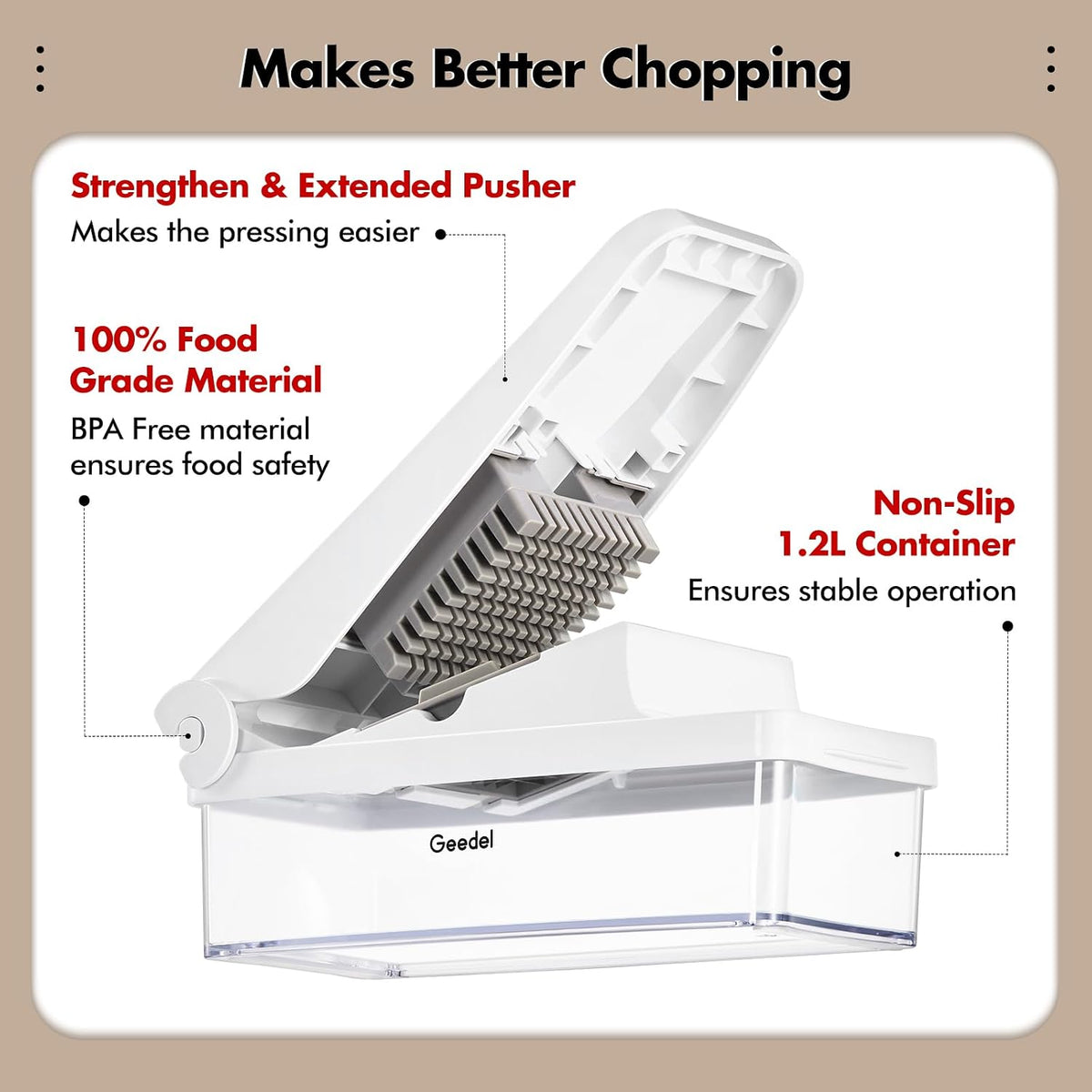 4-in-1 Vegetable Chopper with Container – 420 Stainless Steel Blades, Onion & Vegetable Cutter with 1.2L Food Storage Bowl, Grater Blades, Cleaning Brush & Dishwasher Safe
