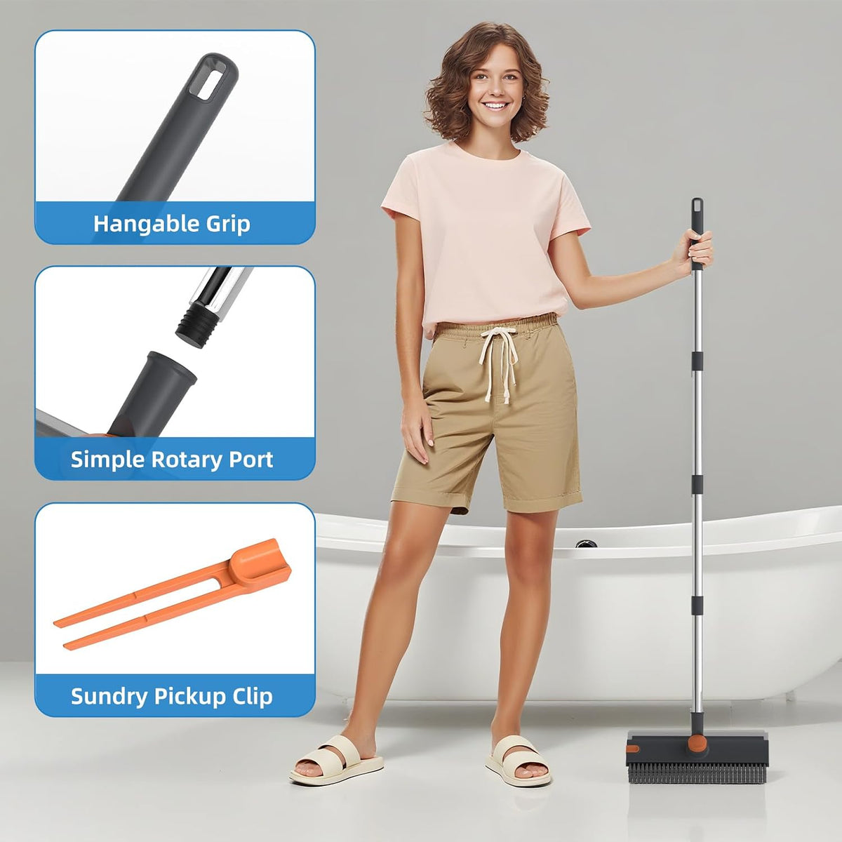 3-in-1 Floor Scrub Brush with Squeegee & Debris Grabber – Adjustable 16–52" Long Handle, Heavy-Duty Stiff Bristle Floor Cleaner for Bathroom, Shower, Patio & Garage