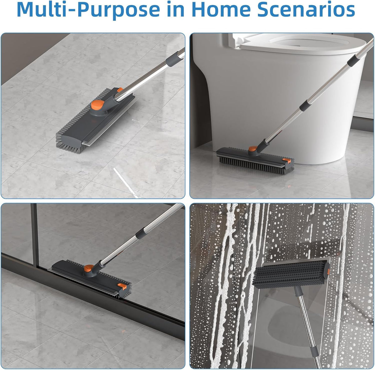3-in-1 Floor Scrub Brush with Squeegee & Debris Grabber – Adjustable 16–52" Long Handle, Heavy-Duty Stiff Bristle Floor Cleaner for Bathroom, Shower, Patio & Garage