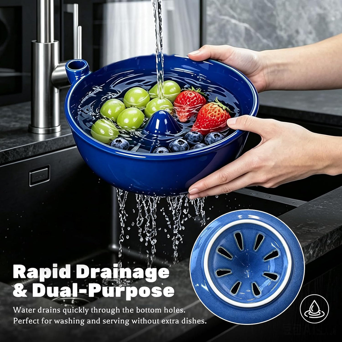 Ceramic Berry Washing Bowl Self-Rinsing Fruit Colander with Auto-Spin Swirl Drainage