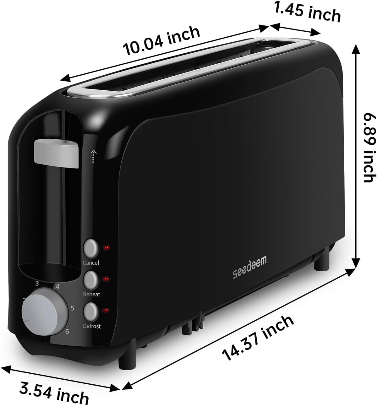 2-Slice Slim Toaster with Long Slot – 10" Wide Bread Slot, 6 Browning Settings, Reheat, Defrost & Cancel, 750W, Removable Crumb Tray
