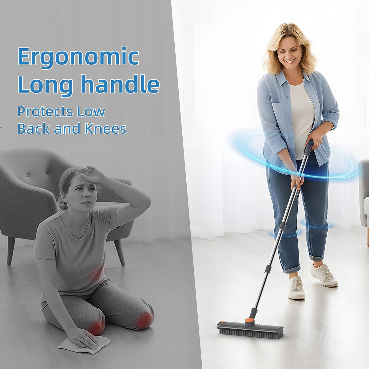 3-in-1 Floor Scrub Brush with Squeegee & Debris Grabber – Adjustable 16–52" Long Handle, Heavy-Duty Stiff Bristle Floor Cleaner for Bathroom, Shower, Patio & Garage