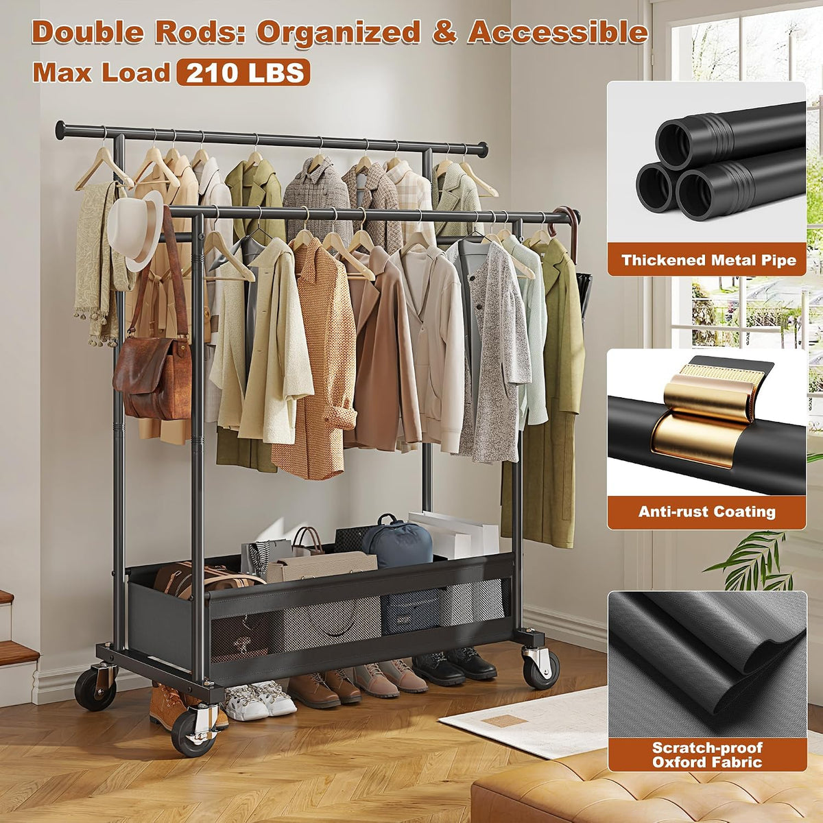 Double Rod Clothes Rack with Storage Basket – 210 LB Heavy Duty Rolling Garment Rack with 360° Wheels for Bedroom, Closet, Laundry Room & Dorm