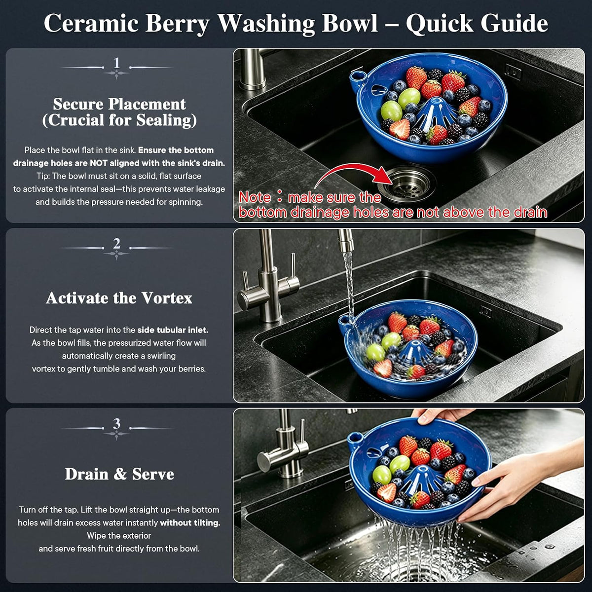 Ceramic Berry Washing Bowl Self-Rinsing Fruit Colander with Auto-Spin Swirl Drainage