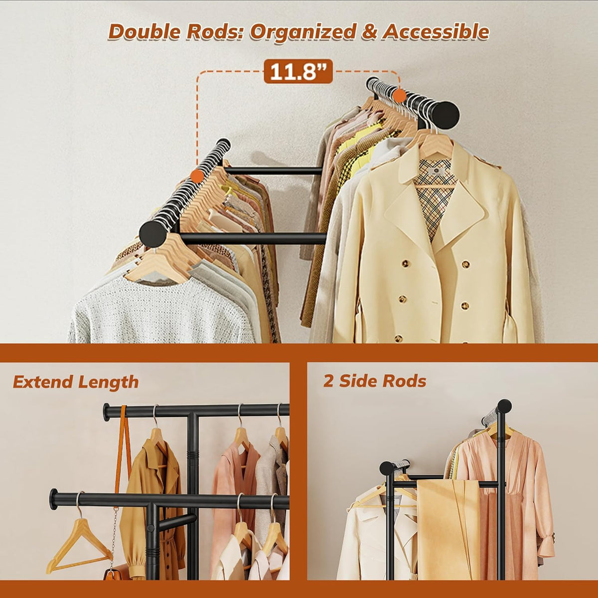Double Rod Clothes Rack with Storage Basket – 210 LB Heavy Duty Rolling Garment Rack with 360° Wheels for Bedroom, Closet, Laundry Room & Dorm