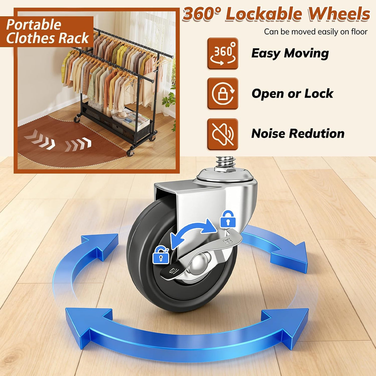 Double Rod Clothes Rack with Storage Basket – 210 LB Heavy Duty Rolling Garment Rack with 360° Wheels for Bedroom, Closet, Laundry Room & Dorm