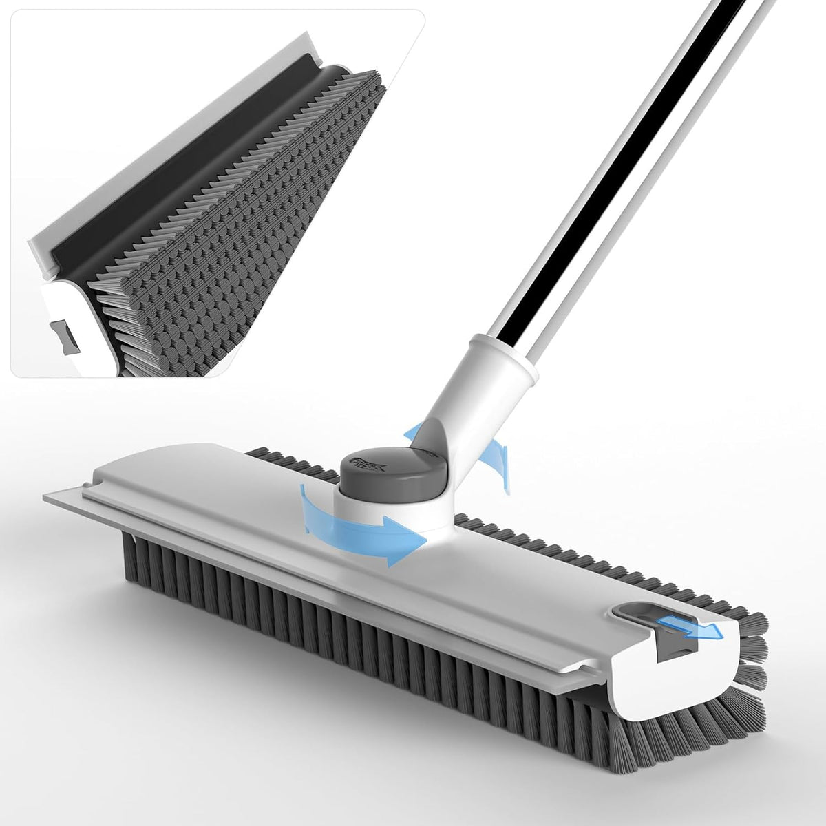 3-in-1 Floor Scrub Brush with Squeegee & Debris Grabber – Adjustable 16–52" Long Handle, Heavy-Duty Stiff Bristle Floor Cleaner for Bathroom, Shower, Patio & Garage