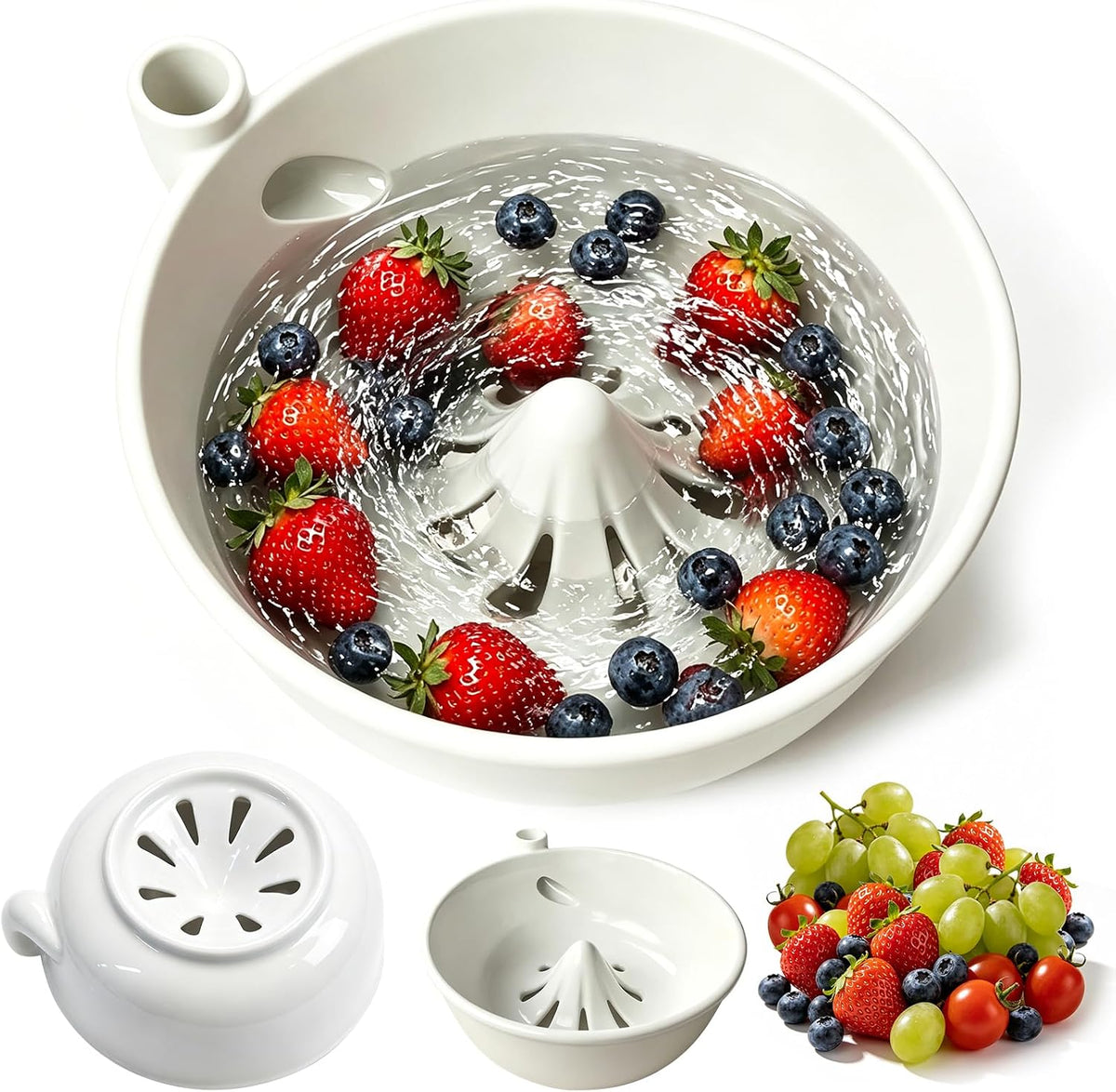Ceramic Berry Washing Bowl Self-Rinsing Fruit Colander with Auto-Spin Swirl Drainage