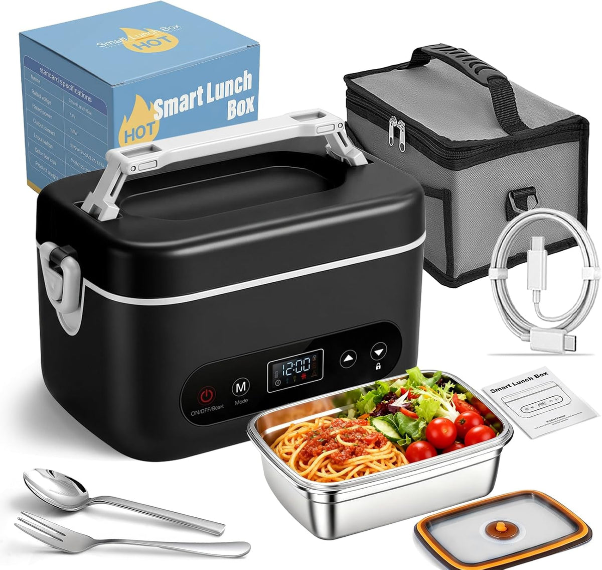 Cordless Heated Lunch Box – 1.2L Electric Food Warmer with 5-Sided Heating, 220°F Max, 12000mAh Rechargeable Battery, Smart Timer & Stainless Steel Container