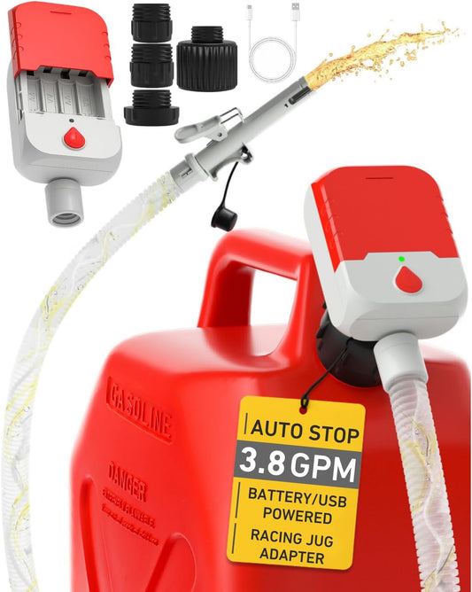 Automatic Fuel Transfer Pump – 3.8 GPM Electric Gas Can Pump with Auto-Stop, 51" Hose & 4 Adapters, USB-C or 4 AA Battery Powered