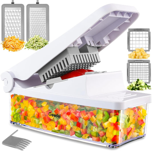 4-in-1 Vegetable Chopper with Container – 420 Stainless Steel Blades, Onion & Vegetable Cutter with 1.2L Food Storage Bowl, Grater Blades, Cleaning Brush & Dishwasher Safe