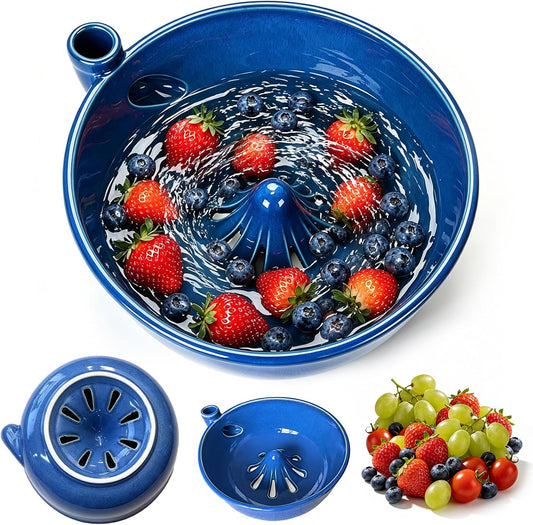 Ceramic Berry Washing Bowl Self-Rinsing Fruit Colander with Auto-Spin Swirl Drainage