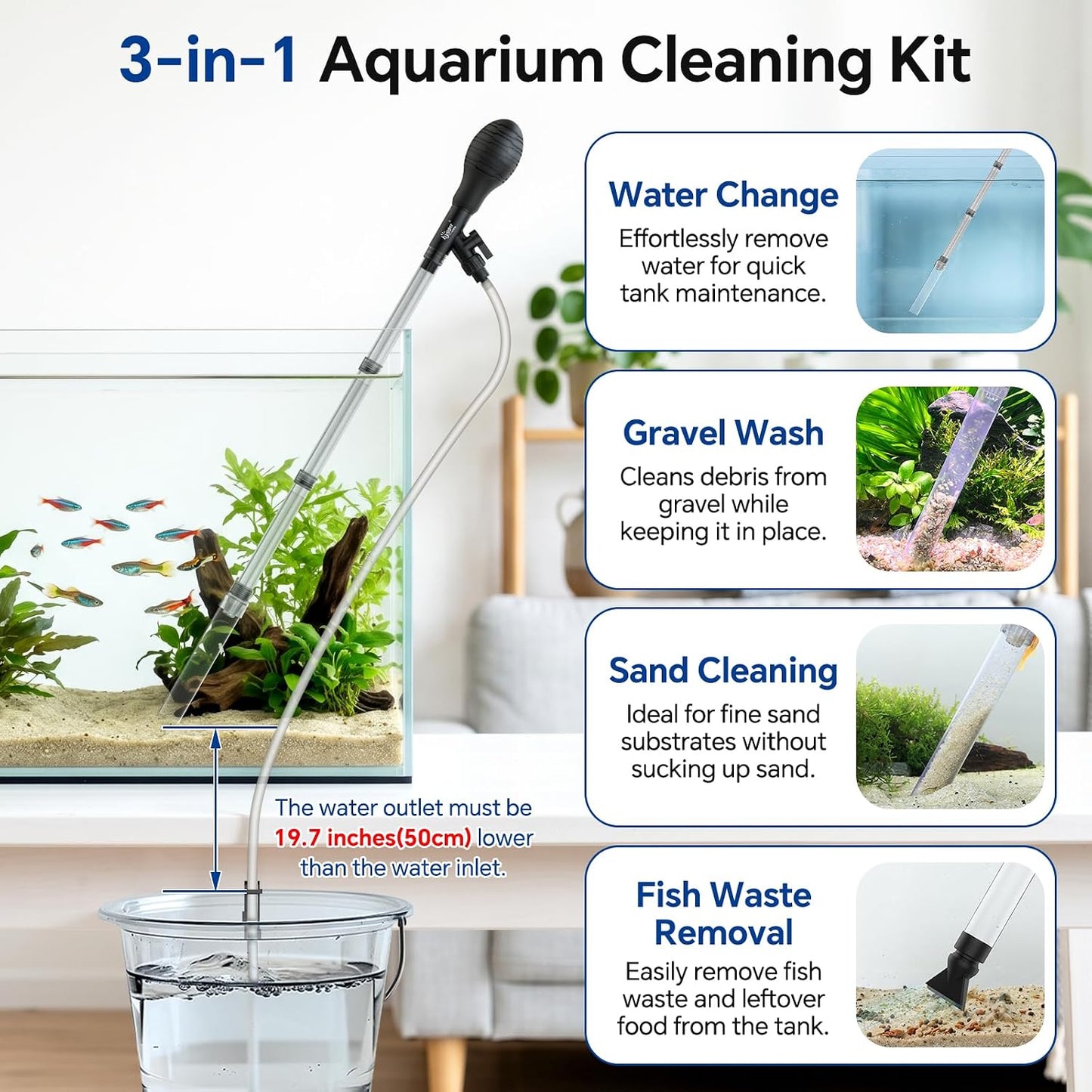 Aquarium Gravel Vacuum Cleaner – Adjustable Siphon Water Changer with 6.5FT Hose for Fish Tank Cleaning, Gravel & Sand Washing