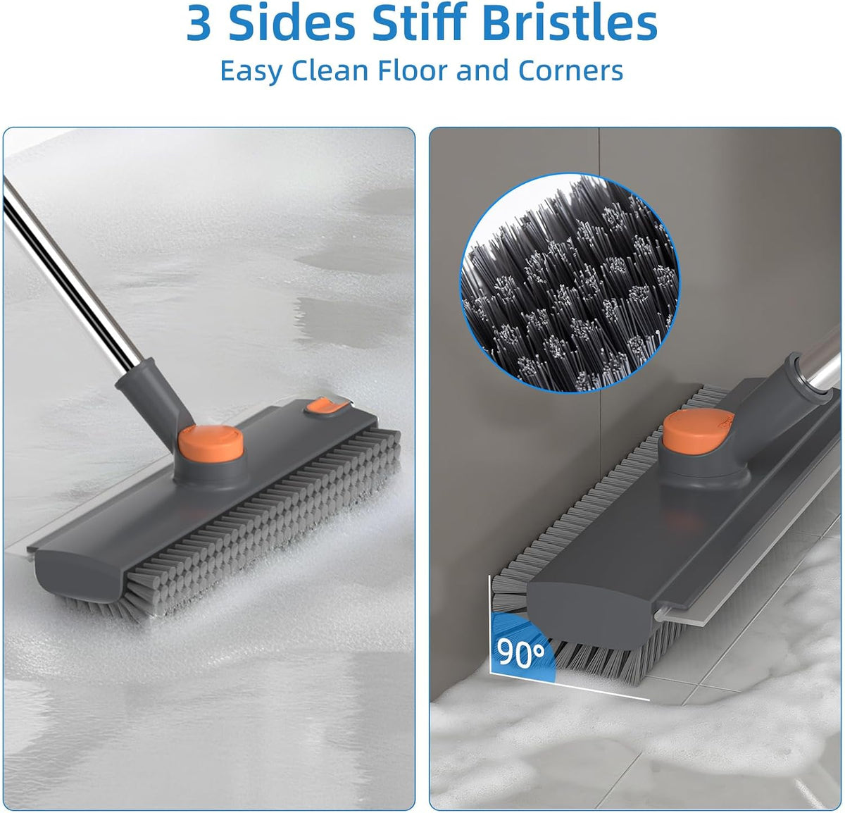 3-in-1 Floor Scrub Brush with Squeegee & Debris Grabber – Adjustable 16–52" Long Handle, Heavy-Duty Stiff Bristle Floor Cleaner for Bathroom, Shower, Patio & Garage