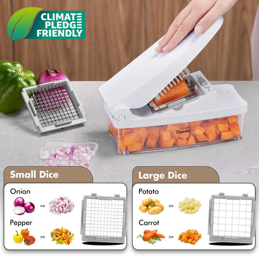 4-in-1 Vegetable Chopper with Container – 420 Stainless Steel Blades, Onion & Vegetable Cutter with 1.2L Food Storage Bowl, Grater Blades, Cleaning Brush & Dishwasher Safe