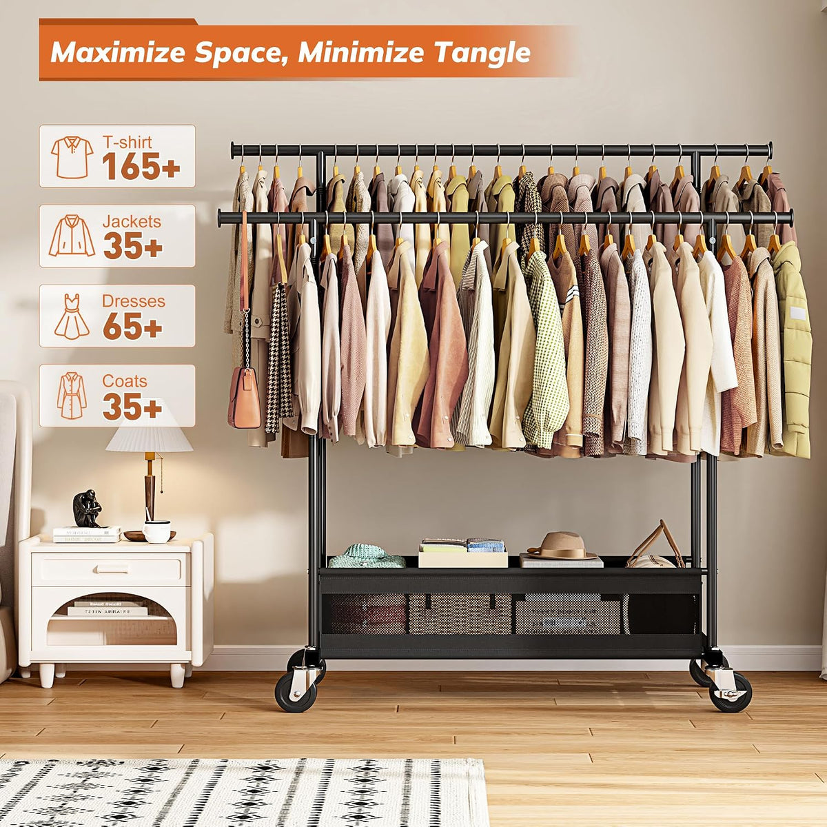 Double Rod Clothes Rack with Storage Basket – 210 LB Heavy Duty Rolling Garment Rack with 360° Wheels for Bedroom, Closet, Laundry Room & Dorm