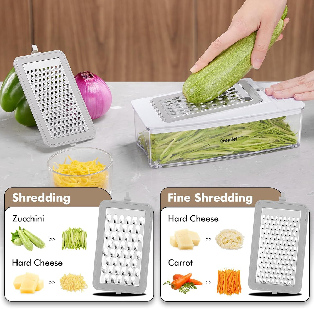 4-in-1 Vegetable Chopper with Container – 420 Stainless Steel Blades, Onion & Vegetable Cutter with 1.2L Food Storage Bowl, Grater Blades, Cleaning Brush & Dishwasher Safe