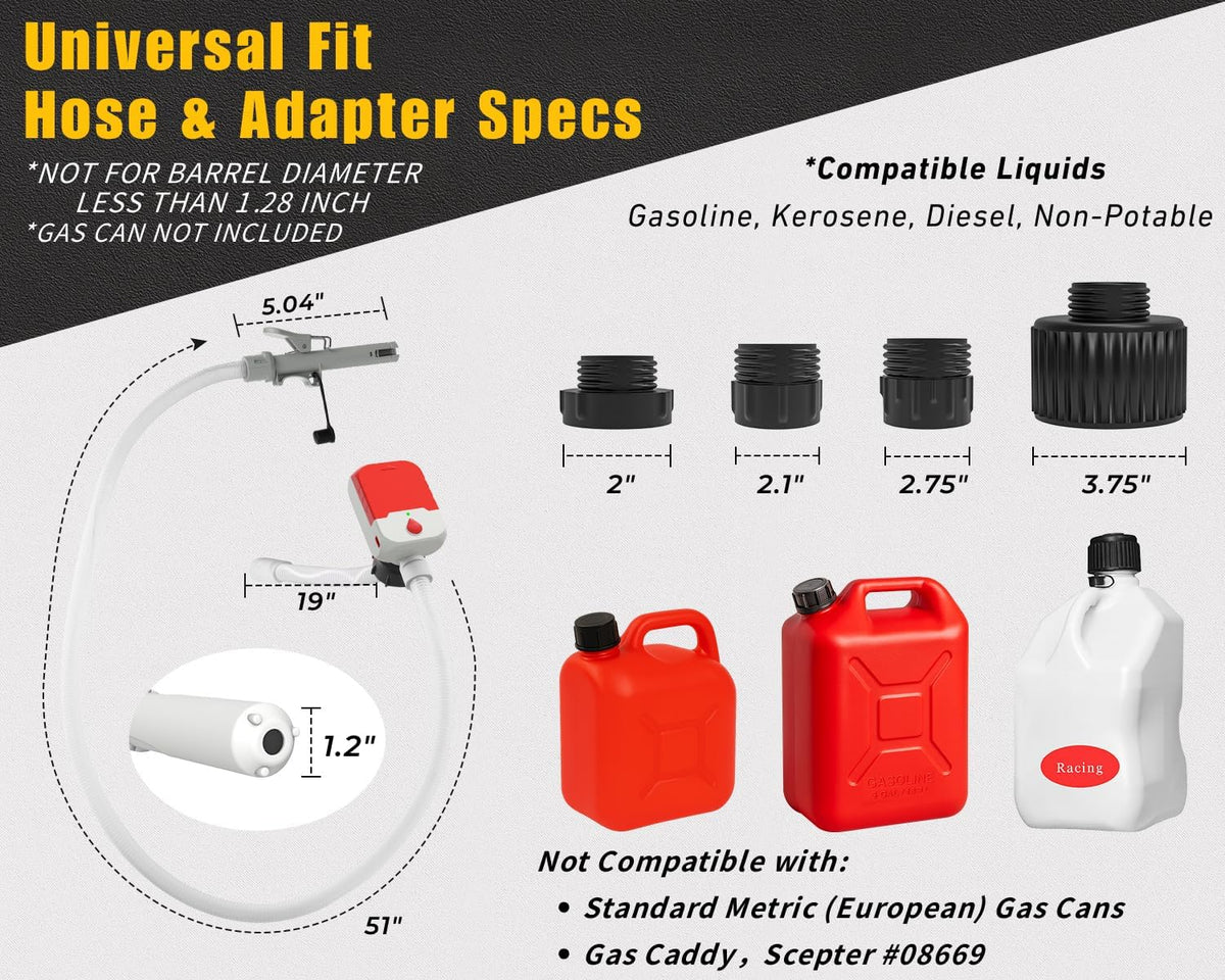 Automatic Fuel Transfer Pump – 3.8 GPM Electric Gas Can Pump with Auto-Stop, 51" Hose & 4 Adapters, USB-C or 4 AA Battery Powered