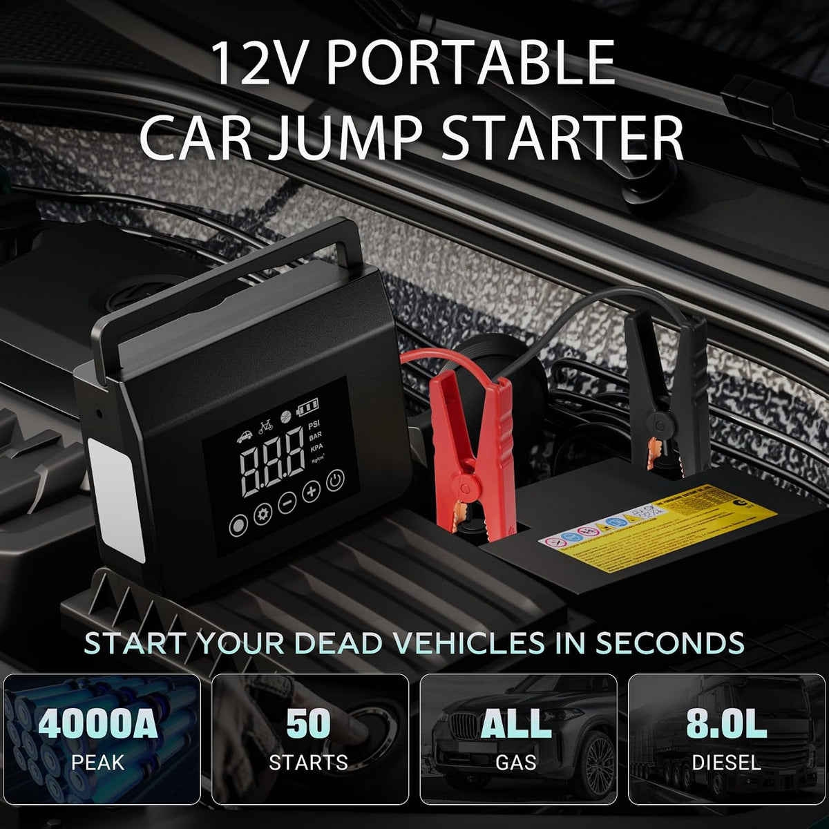 4000A Portable Car Jump Starter with Air Compressor – 150PSI Tire Inflator, 15000mAh Power Bank, 12V Battery Booster with LED Flashlight & USB-C