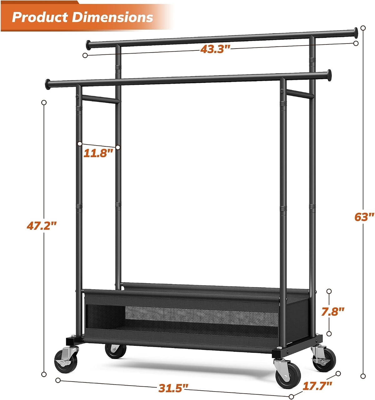 Double Rod Clothes Rack with Storage Basket – 210 LB Heavy Duty Rolling Garment Rack with 360° Wheels for Bedroom, Closet, Laundry Room & Dorm
