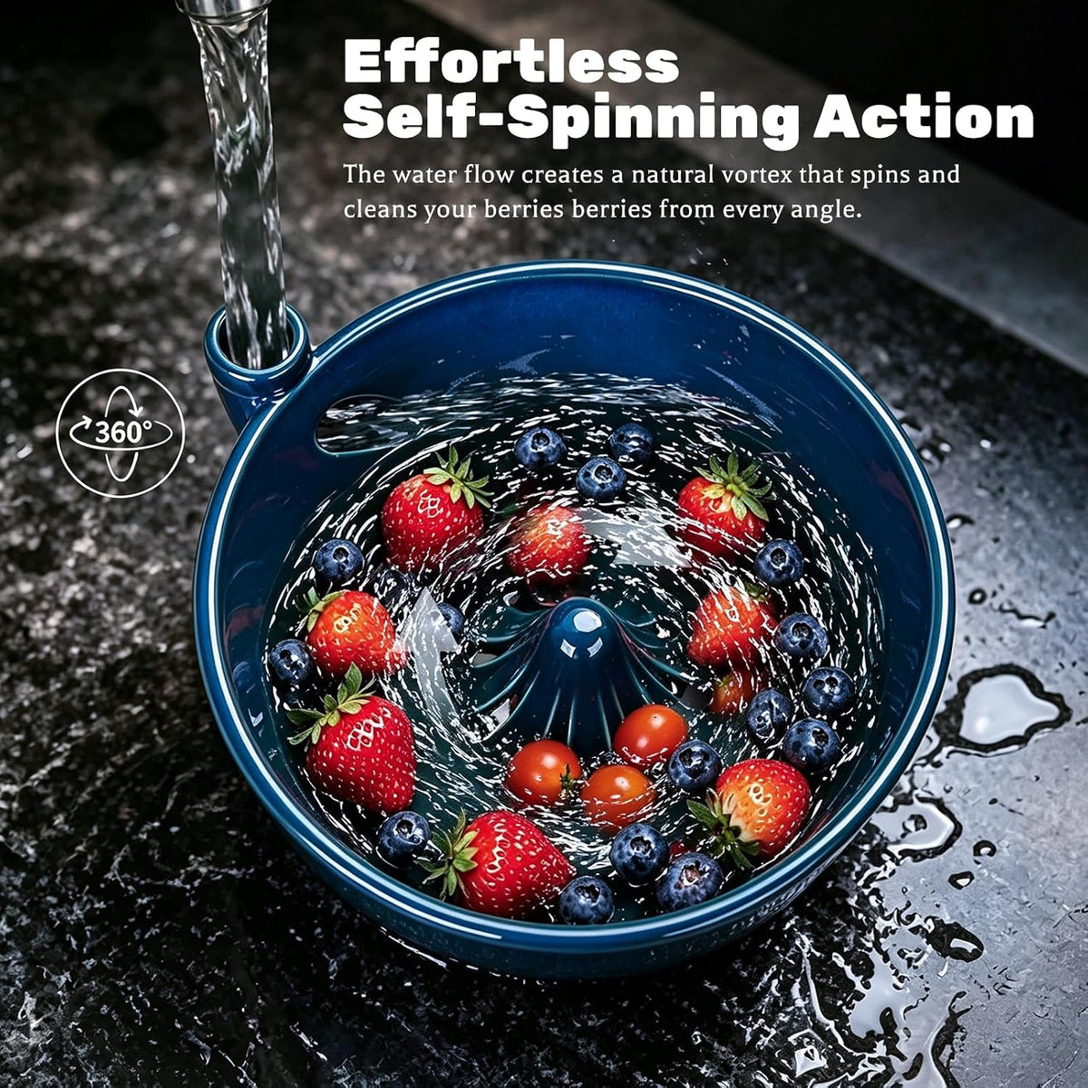 Ceramic Berry Washing Bowl Self-Rinsing Fruit Colander with Auto-Spin Swirl Drainage