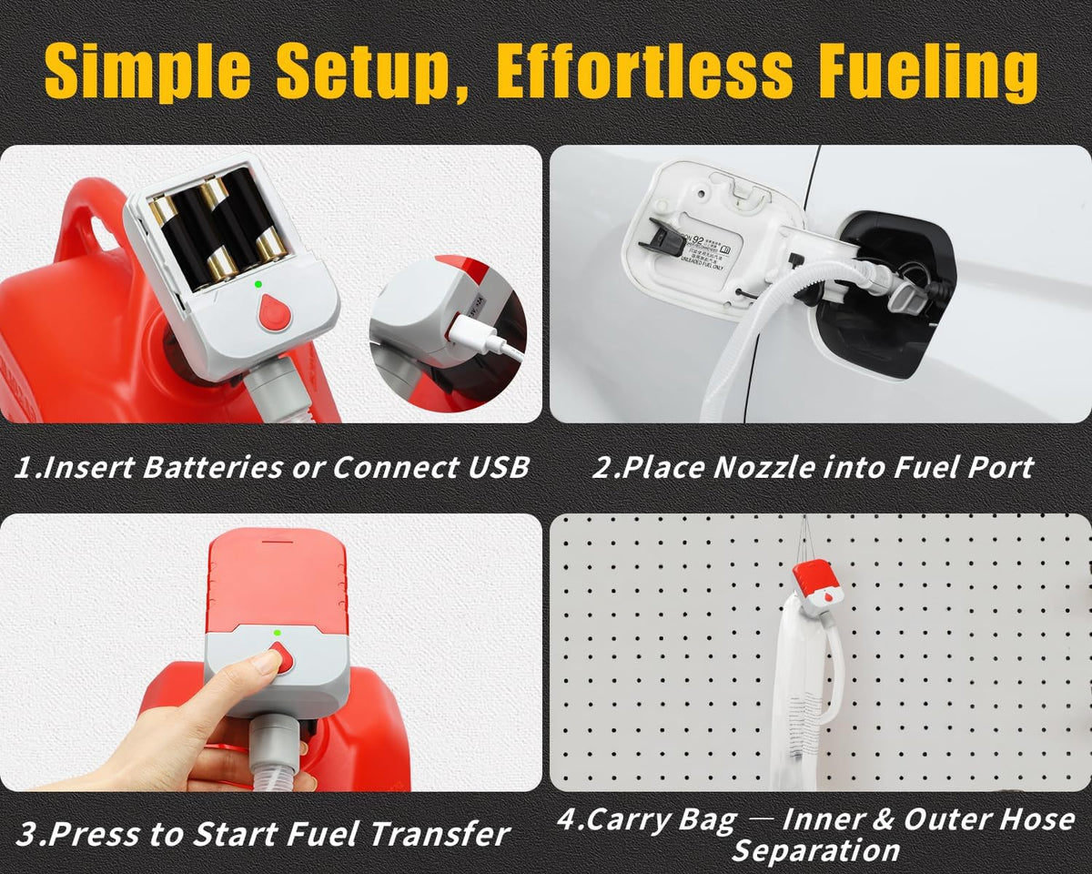 Automatic Fuel Transfer Pump – 3.8 GPM Electric Gas Can Pump with Auto-Stop, 51" Hose & 4 Adapters, USB-C or 4 AA Battery Powered