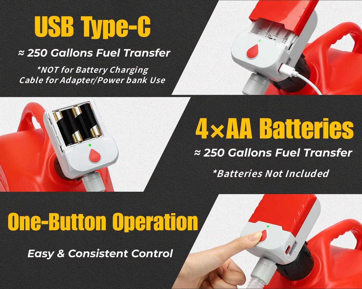 Automatic Fuel Transfer Pump – 3.8 GPM Electric Gas Can Pump with Auto-Stop, 51" Hose & 4 Adapters, USB-C or 4 AA Battery Powered