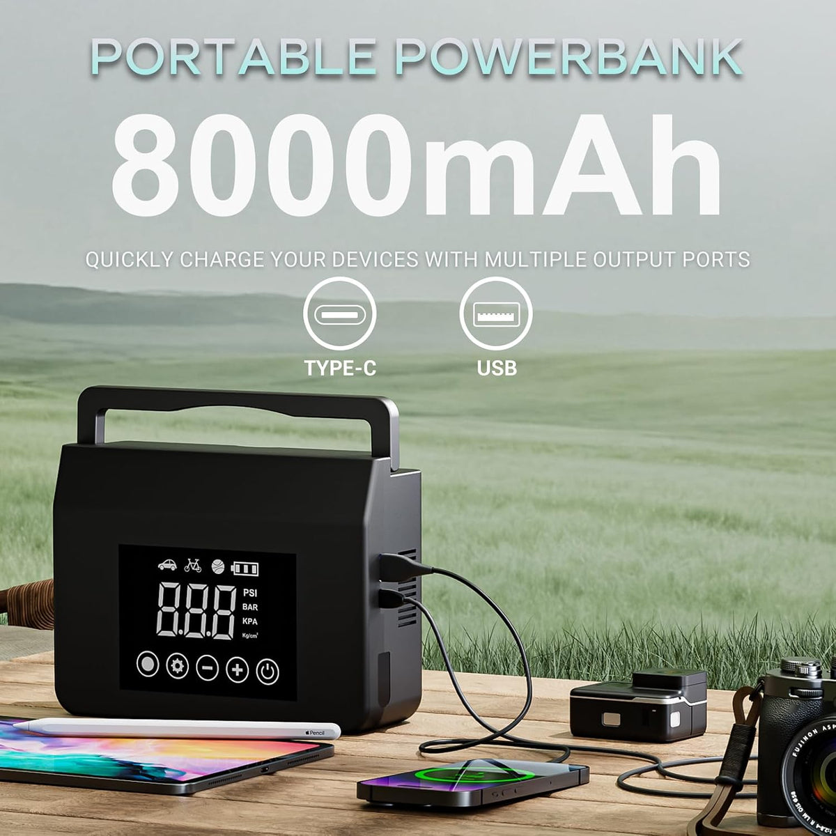 4000A Portable Car Jump Starter with Air Compressor – 150PSI Tire Inflator, 15000mAh Power Bank, 12V Battery Booster with LED Flashlight & USB-C