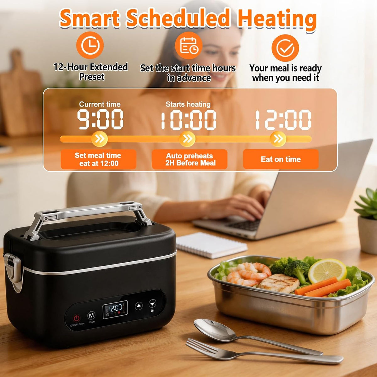 Cordless Heated Lunch Box – 1.2L Electric Food Warmer with 5-Sided Heating, 220°F Max, 12000mAh Rechargeable Battery, Smart Timer & Stainless Steel Container