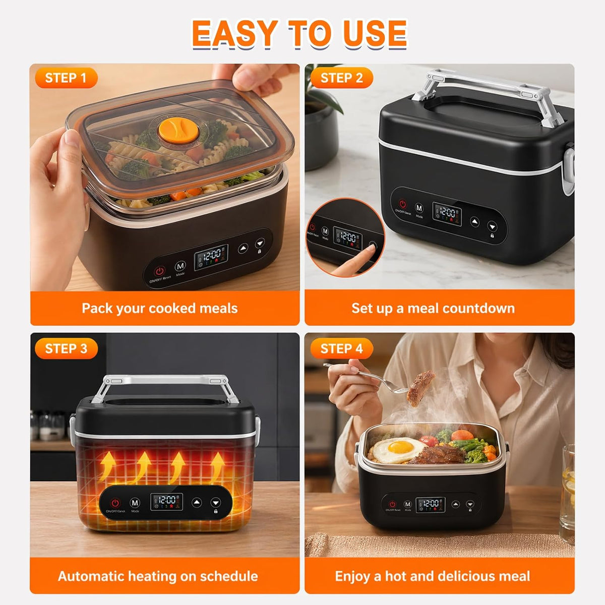 Cordless Heated Lunch Box – 1.2L Electric Food Warmer with 5-Sided Heating, 220°F Max, 12000mAh Rechargeable Battery, Smart Timer & Stainless Steel Container