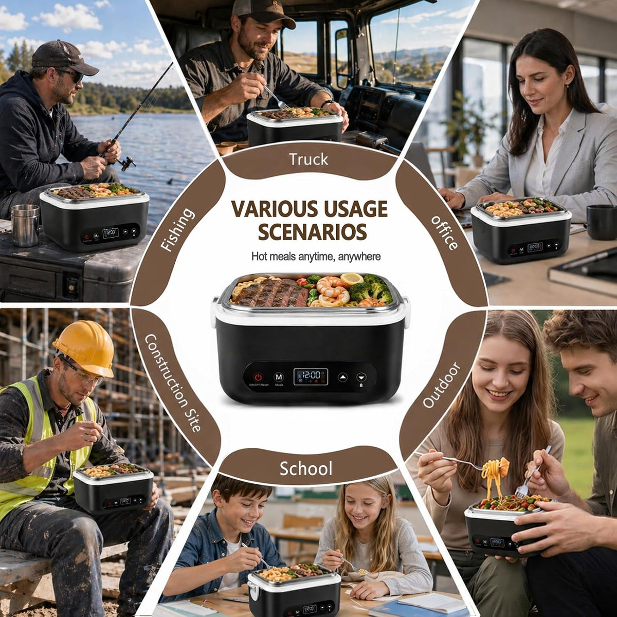 Cordless Heated Lunch Box – 1.2L Electric Food Warmer with 5-Sided Heating, 220°F Max, 12000mAh Rechargeable Battery, Smart Timer & Stainless Steel Container