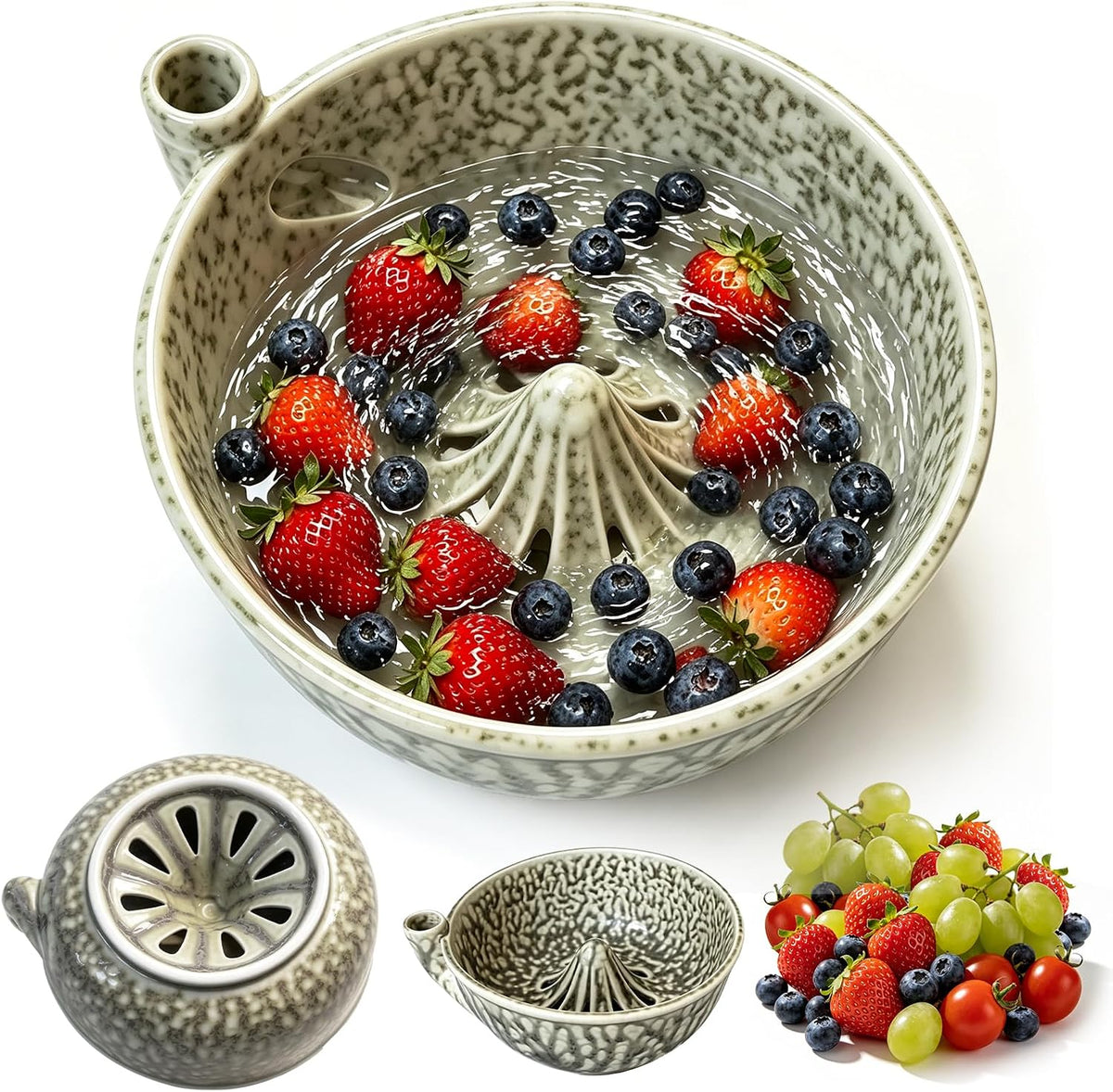 Ceramic Berry Washing Bowl Self-Rinsing Fruit Colander with Auto-Spin Swirl Drainage