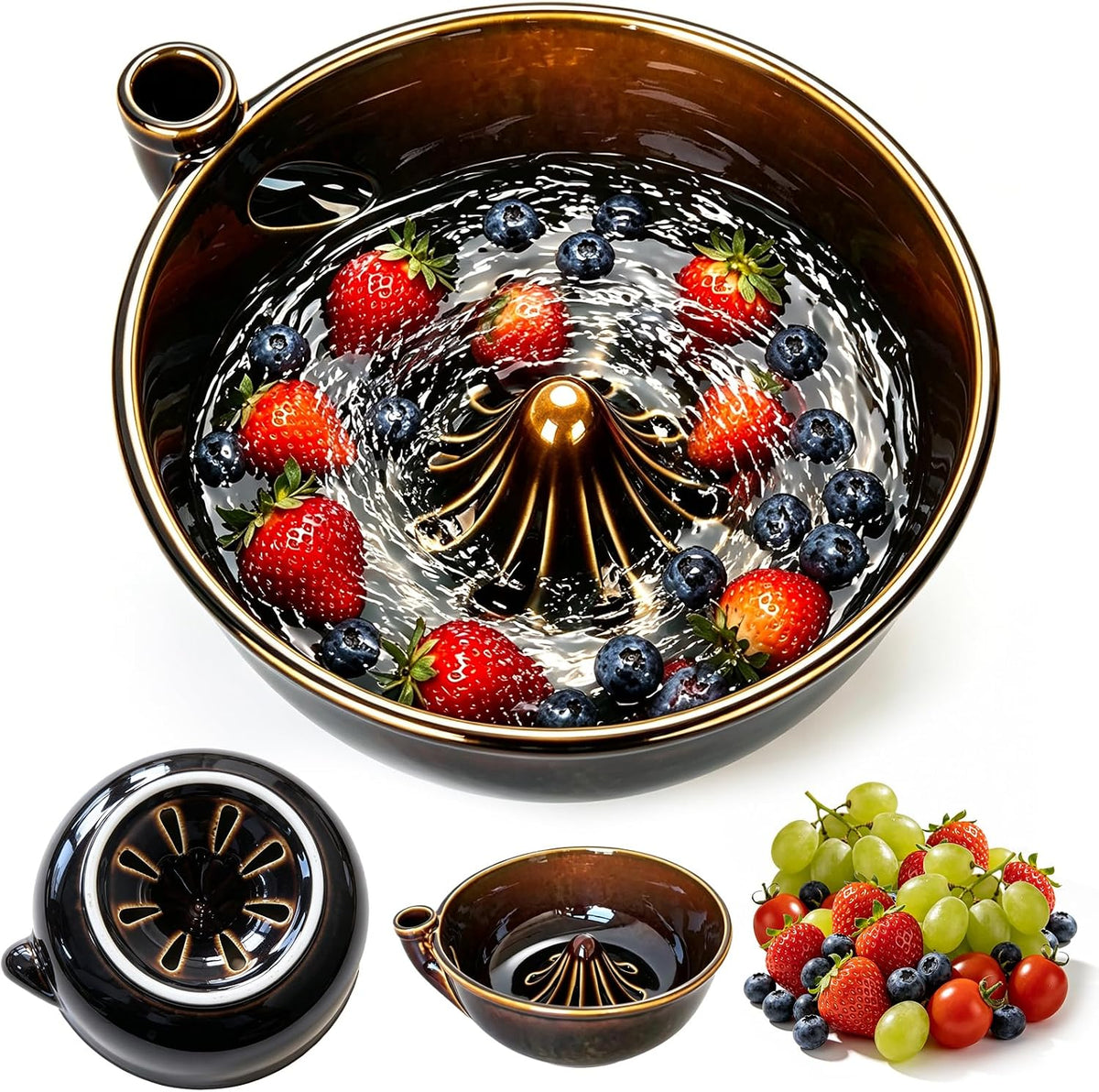 Ceramic Berry Washing Bowl Self-Rinsing Fruit Colander with Auto-Spin Swirl Drainage