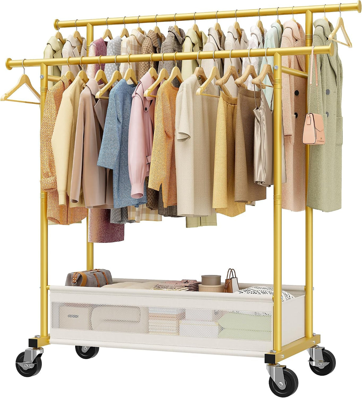 Double Rod Clothes Rack with Storage Basket – 210 LB Heavy Duty Rolling Garment Rack with 360° Wheels for Bedroom, Closet, Laundry Room & Dorm