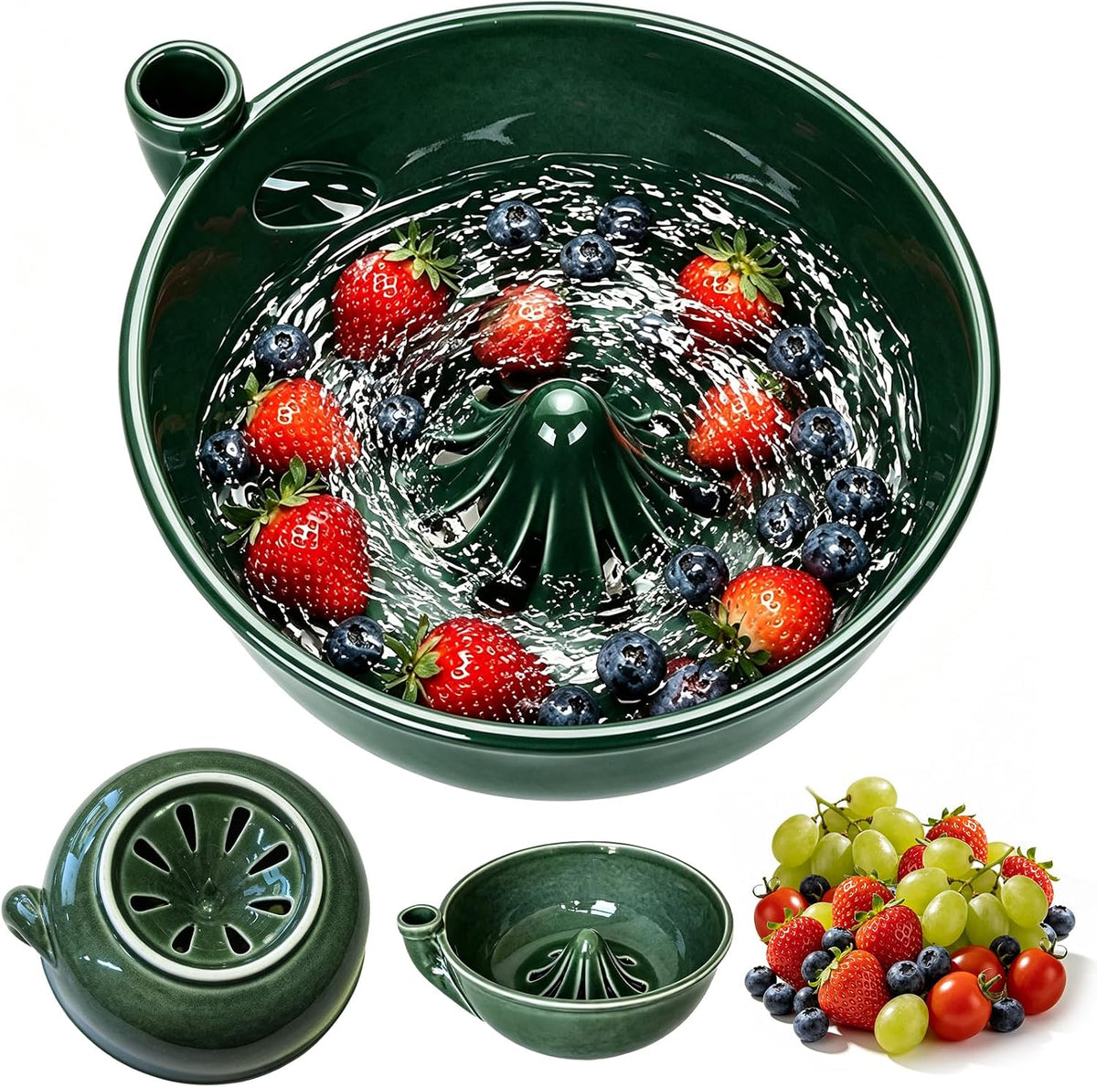 Ceramic Berry Washing Bowl Self-Rinsing Fruit Colander with Auto-Spin Swirl Drainage
