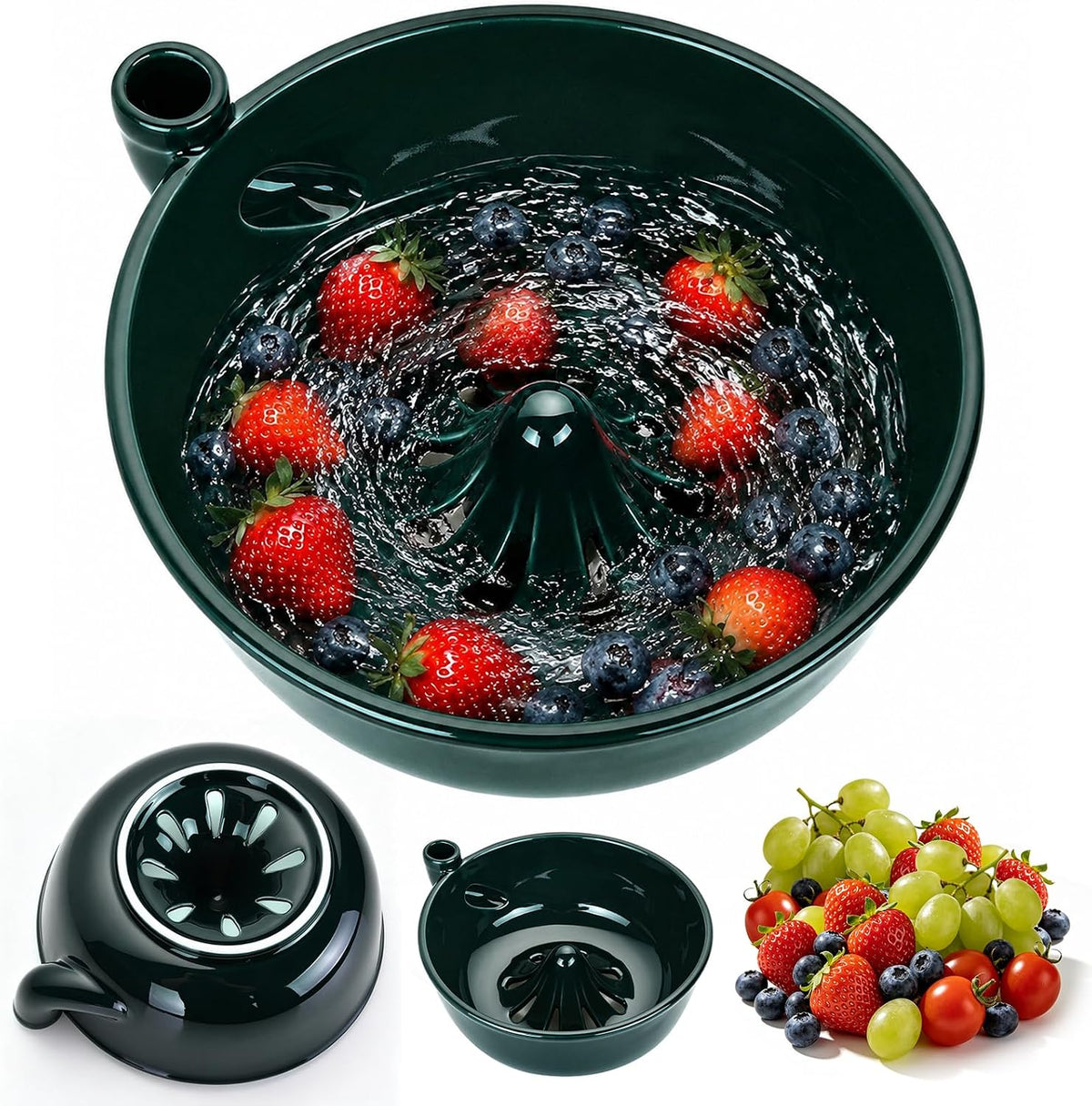 Ceramic Berry Washing Bowl Self-Rinsing Fruit Colander with Auto-Spin Swirl Drainage