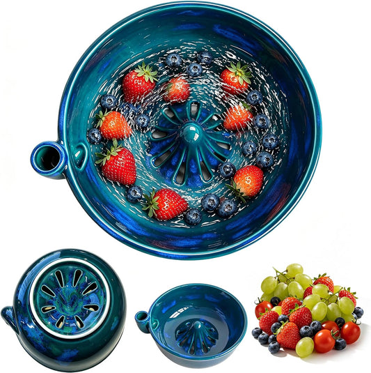 Ceramic Berry Washing Bowl Self-Rinsing Fruit Colander with Auto-Spin Swirl Drainage