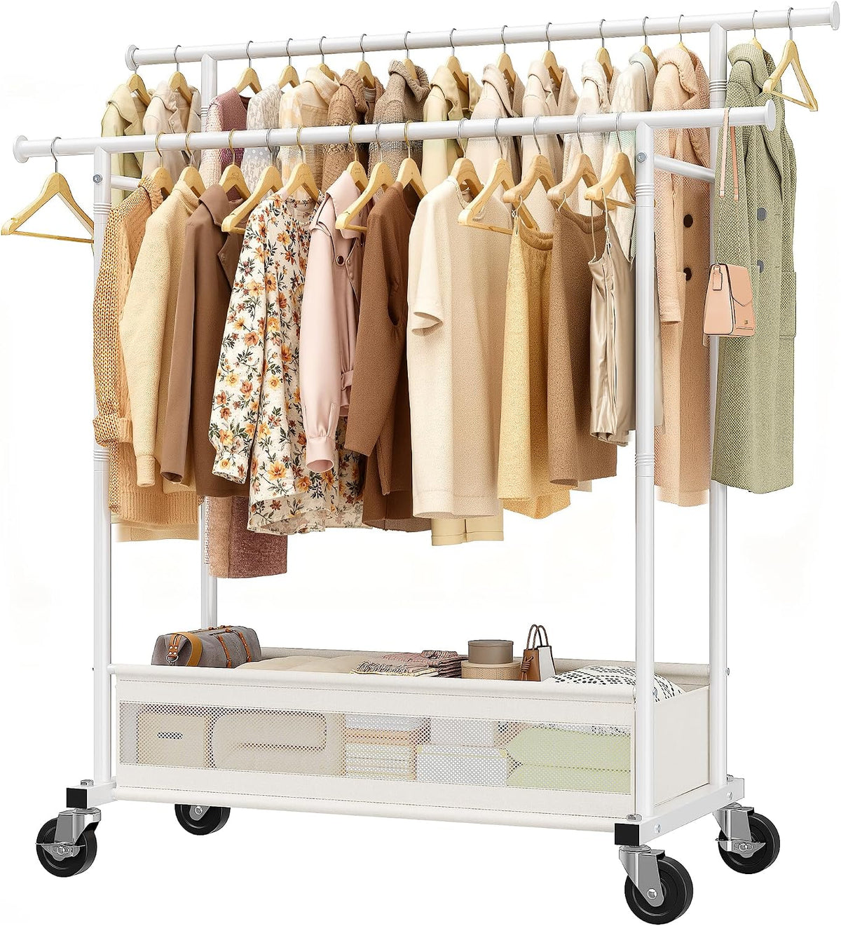 Double Rod Clothes Rack with Storage Basket – 210 LB Heavy Duty Rolling Garment Rack with 360° Wheels for Bedroom, Closet, Laundry Room & Dorm