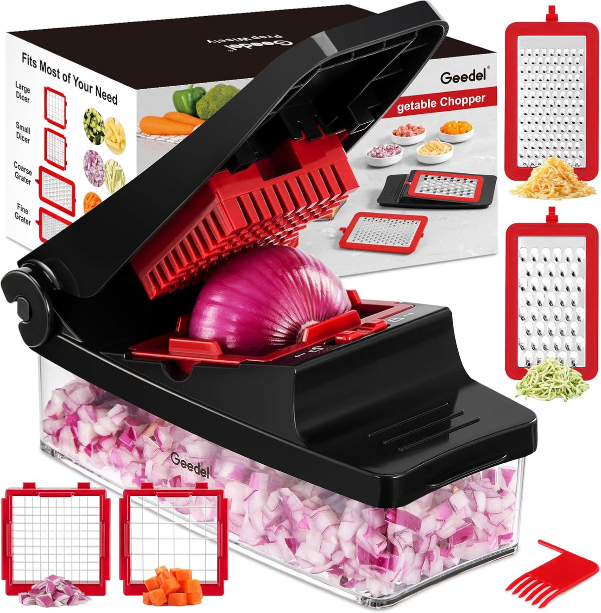 4-in-1 Vegetable Chopper with Container – 420 Stainless Steel Blades, Onion & Vegetable Cutter with 1.2L Food Storage Bowl, Grater Blades, Cleaning Brush & Dishwasher Safe