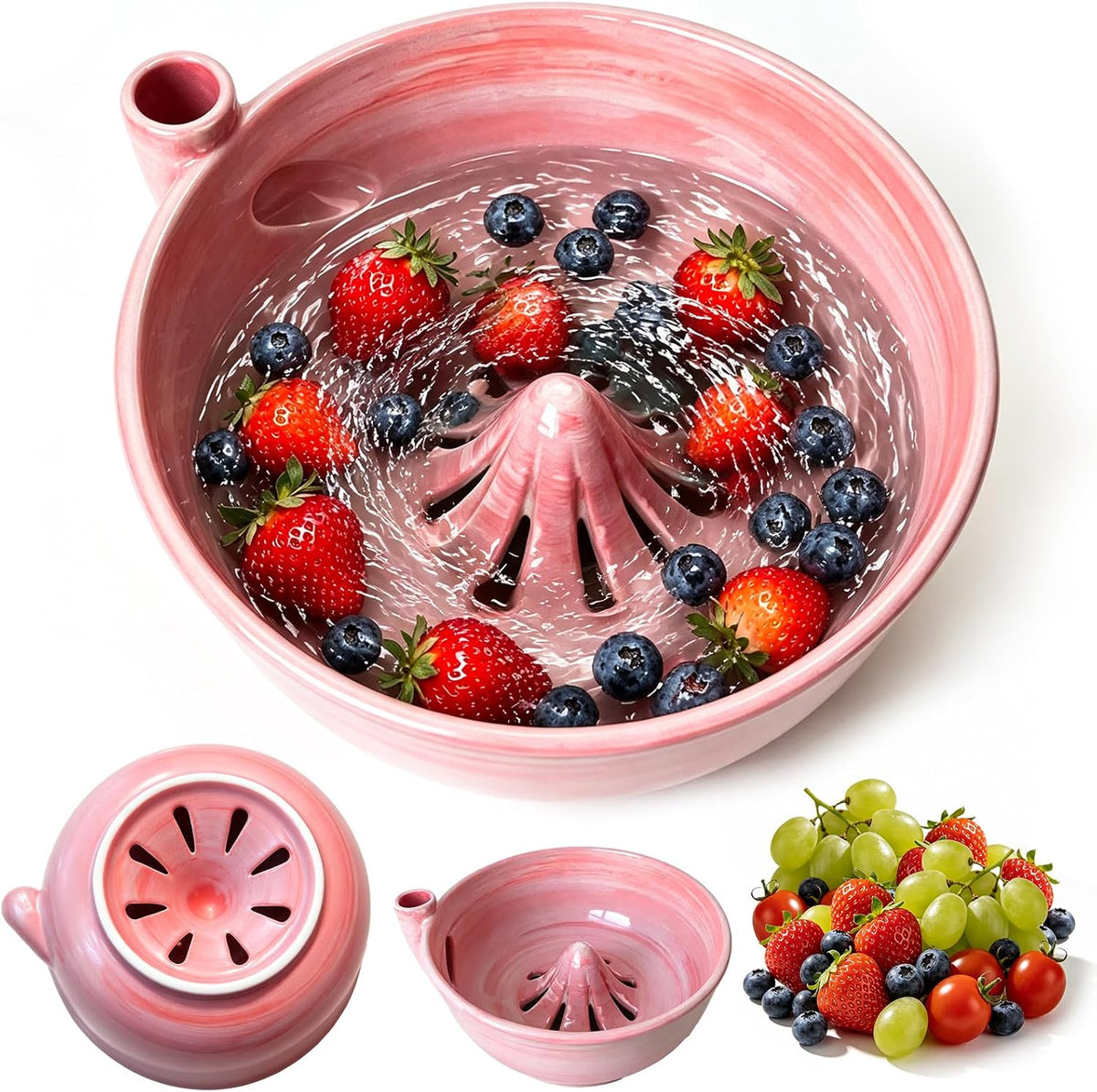 Ceramic Berry Washing Bowl Self-Rinsing Fruit Colander with Auto-Spin Swirl Drainage